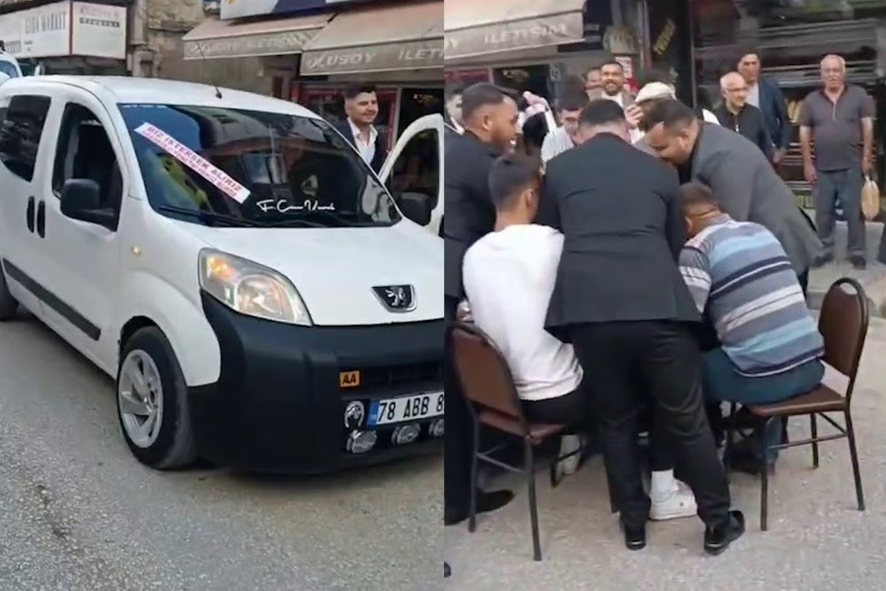Düğün konvoyunun önünü kesip tavla oynadılar