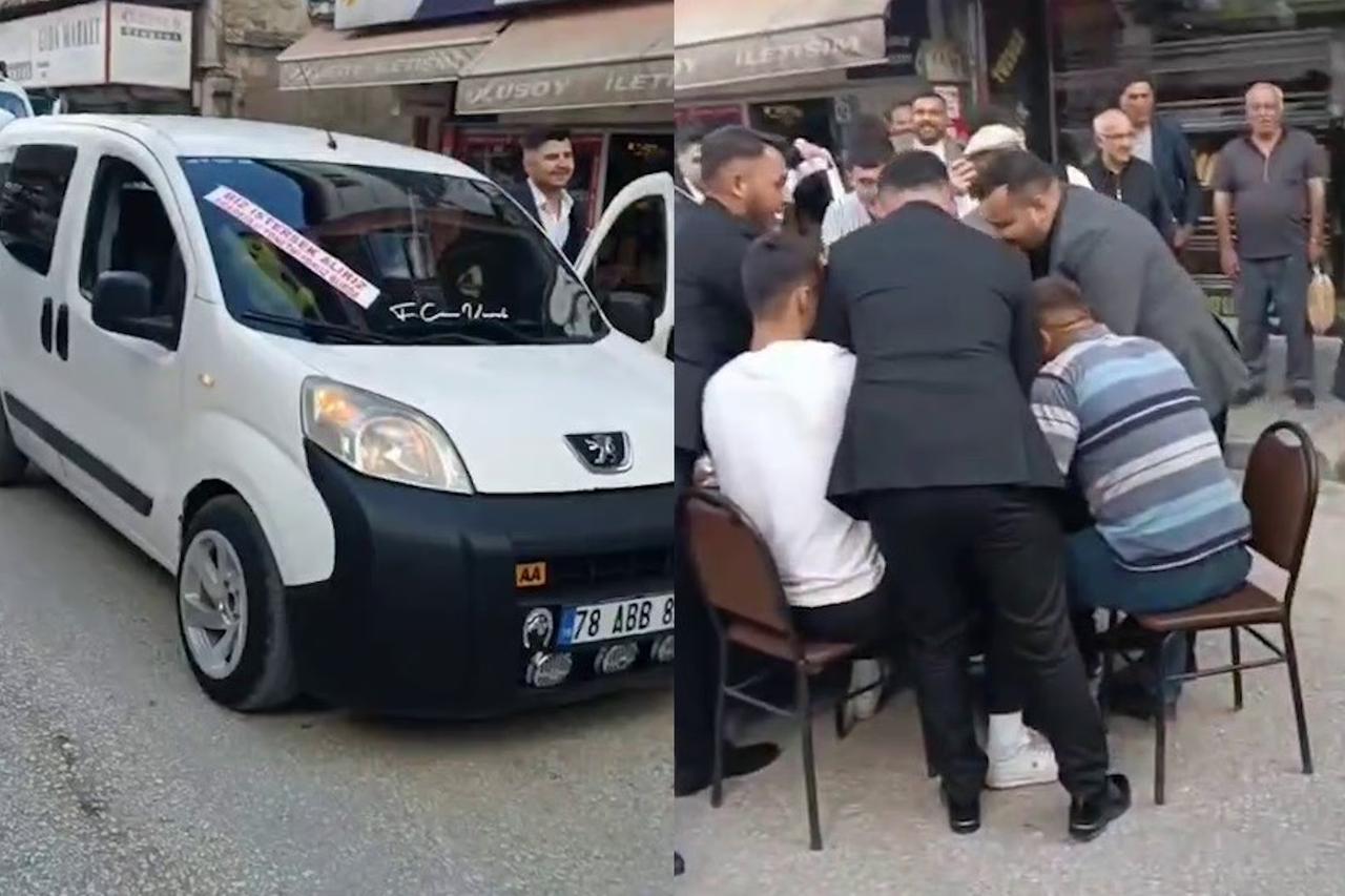 Düğün konvoyunun önünü kesip tavla oynadılar