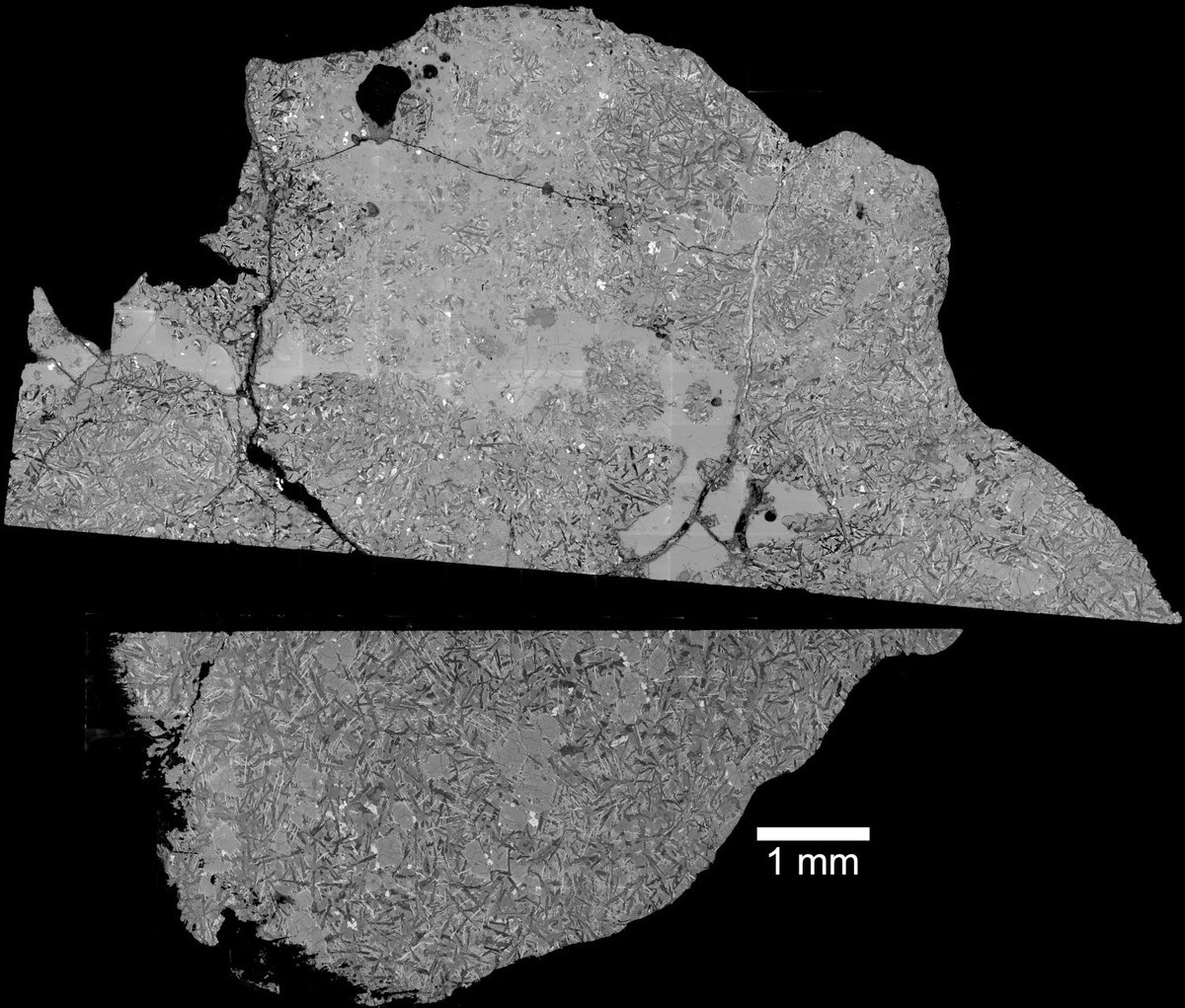 Kuzey Afrika 16286 örneğinin taramalı elektron mikroskobu kullanılarak elde edilen görüntüsü. Bunlara "geri saçılmış elektron görüntüleri" denir ve farklı gri tonları, kayayı oluşturan minerallerin farklı kimyasal bileşimlerini vurgular. Kaynak: Dr. Joshua Snape / Manchester Üniversitesi