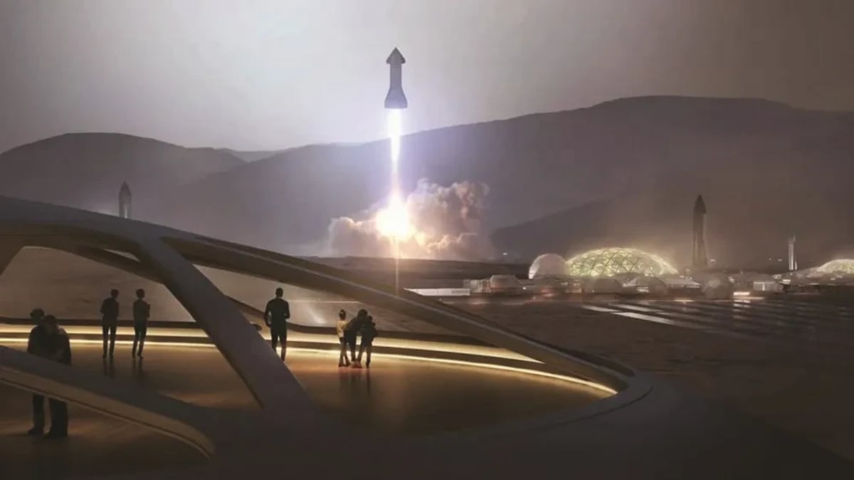 Bu sanatçı çiziminde bir SpaceX Starship, Mars'taki bir üsten kalkış yapıyor. Kaynak: SpaceX*