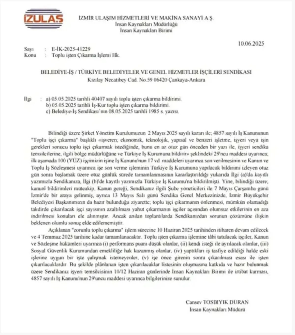 İZULAŞ'ın 100 kişiyi toplu işten çıkarma belgesi.