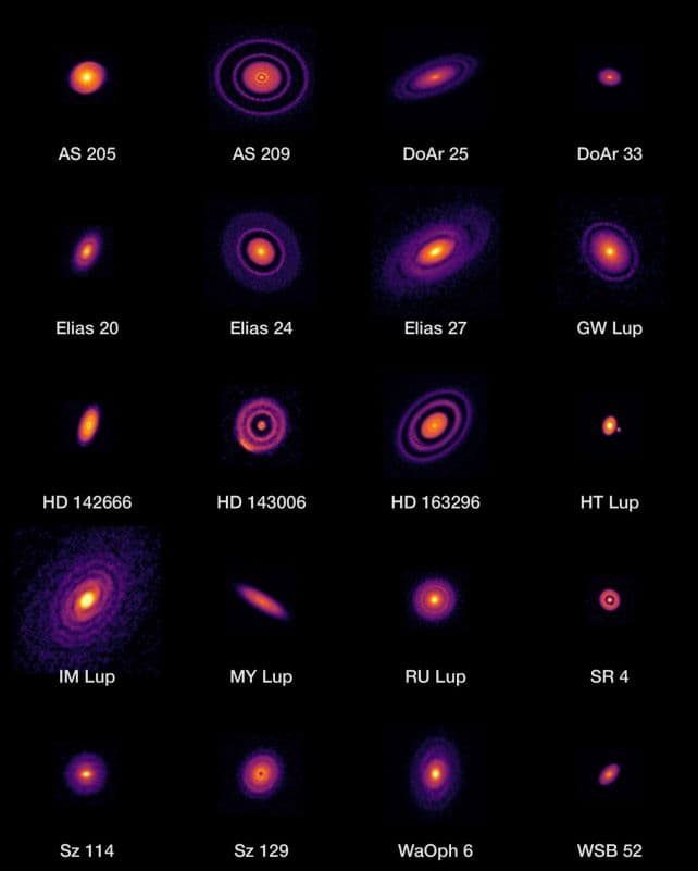 ALMA tarafından görüntülenen protoplanet disklerinden bir seçki. Bazılarında, bebek gezegenlerin oluştuğu düşünülen, fark edilebilir boşluklar var.