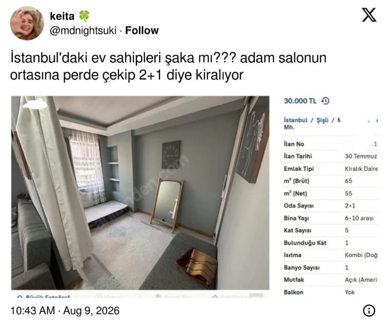 Şişli 1+1 kiralık daire, perdeyle 2+1 yapılan ev