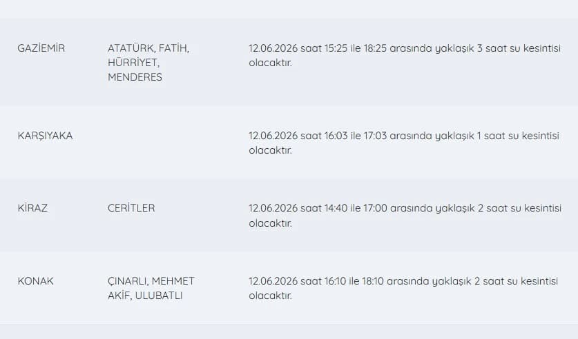 İZSU kesintiler listesi 12 Haziran | Bugün İzmir'de su kesintisi var mı, hangi ilçeler etkilenecek, ne zaman tamir olacak?
