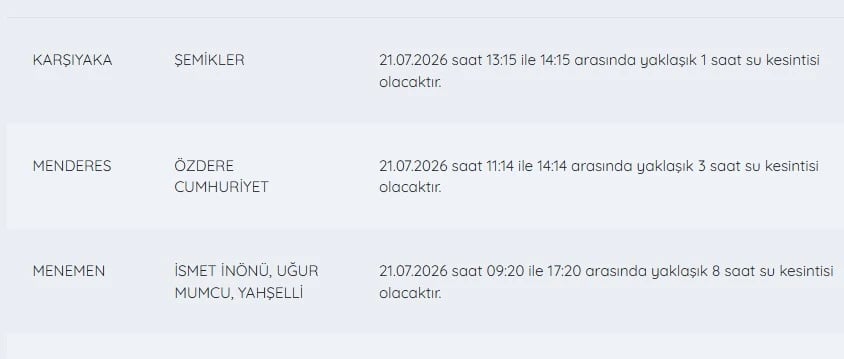 İZSU kesintiler listesi | 21 Temmuz İzmir'de su kesintisi var mı, sular ne zaman gelecek, hangi ilçelerde?