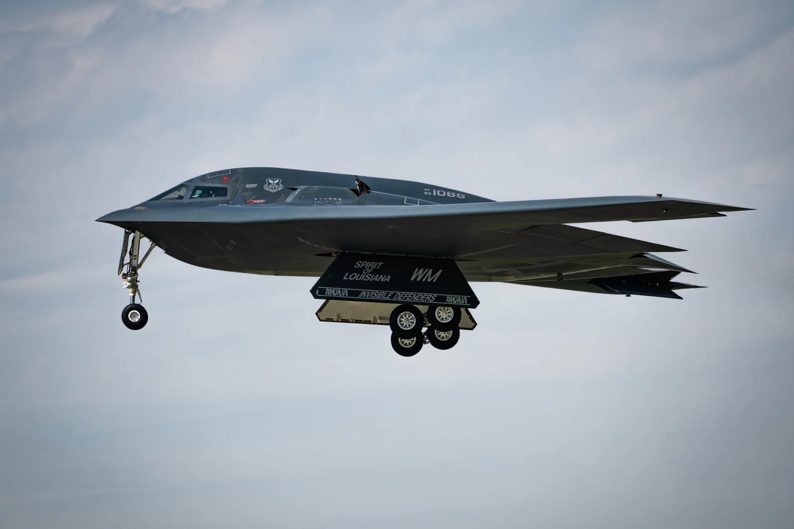 A B-2 Spirit takes off from Whiteman Air Force Base, Missouri, April 16, 2025 - U.S. Air Force photo by Senior Airman Joshua Hastings, public domain