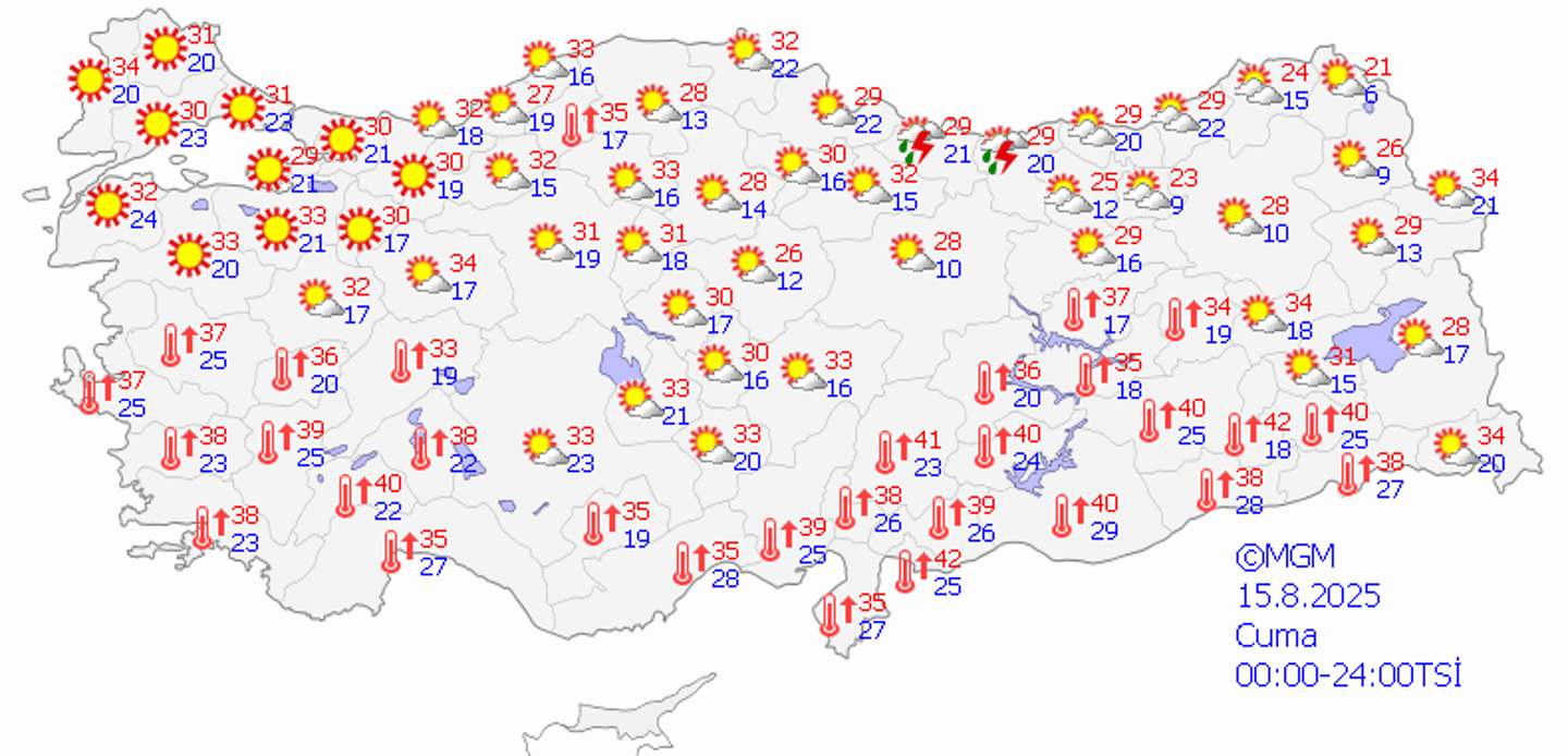 15 Ağustos Cuma Türkiye geneli hava durumu