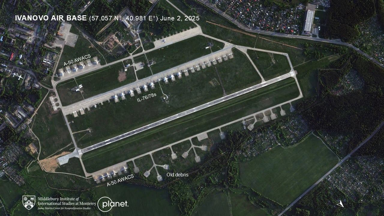 Satellite imagery captured June 2 shows no serious damage to the Ivanovo air base after Ukraine's attack on Russia. (Planet Labs/Middlebury Institute of International Studies at Monterey)