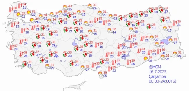 16 Temmuz Çarşamba günü ülke genelinde hava durumu.