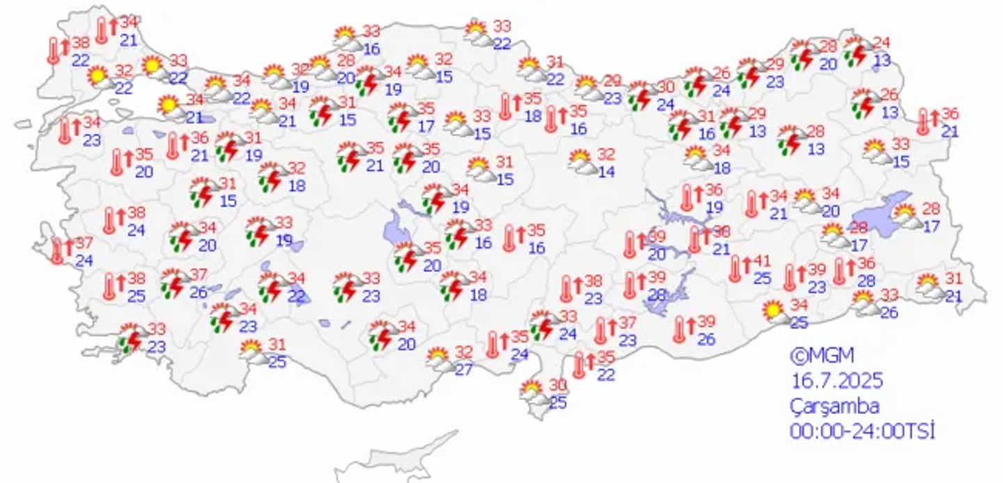 16 Temmuz Çarşamba günü ülke genelinde hava durumu.
