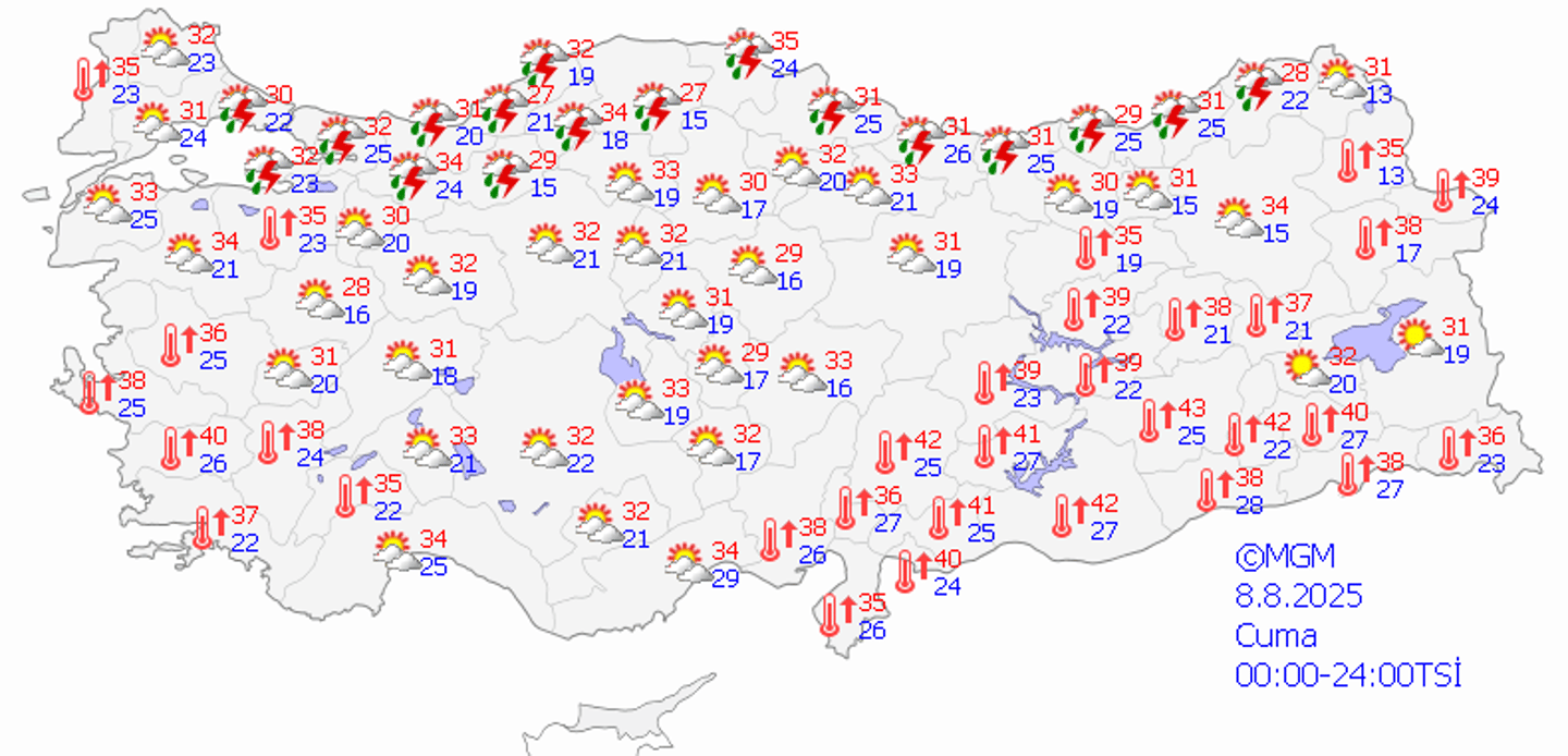 08.08.2025 Cuma Türkiye geneli hava durumu