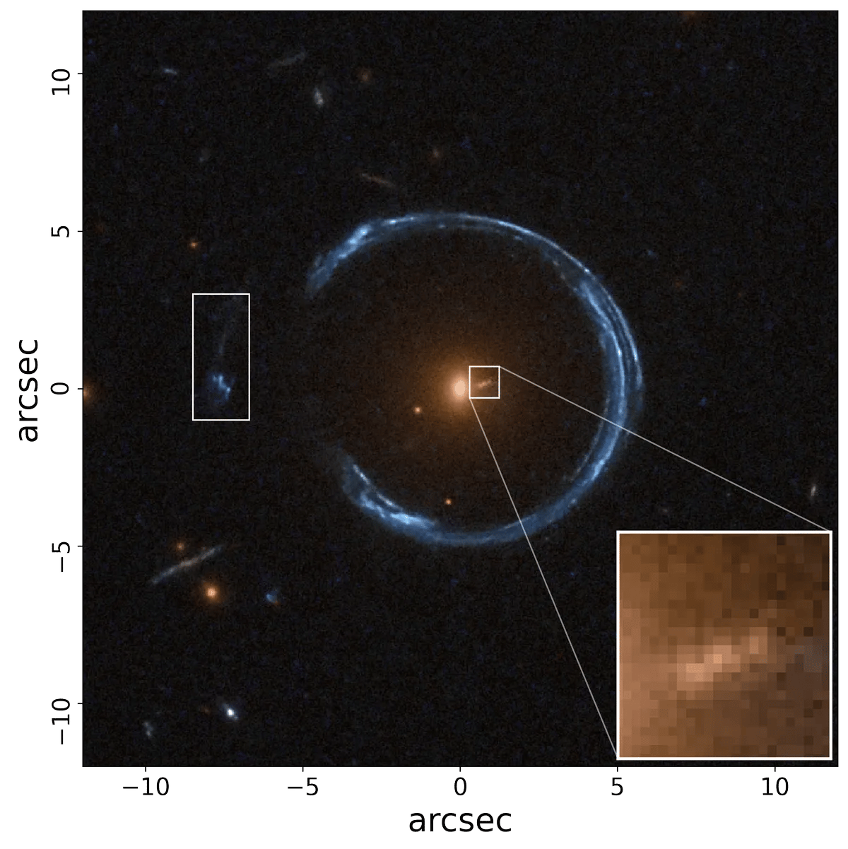 Kozmik At Nalı'nın başka bir görüntüsü, ancak ikinci bir arka plan kaynağının görüntü çifti vurgulanmış. 