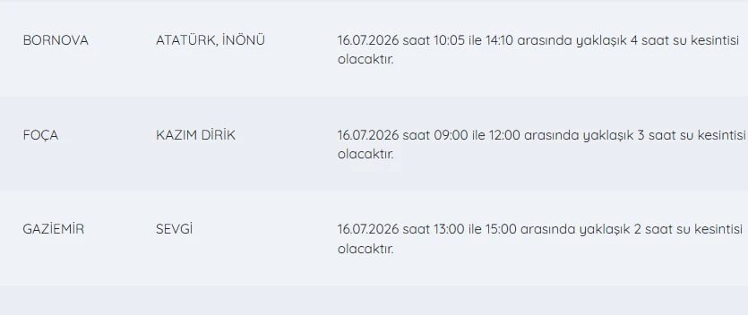 İZSU kesintileri listesi | 16 Temmuz İzmir'de su kesintisi var mı, nerelerde, sular ne zaman gelecek?