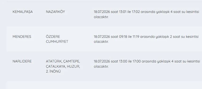 İZSU kesintiler listesi | 18 Temmuz İzmir su kesintileri hangi ilçelerde, ne zaman?