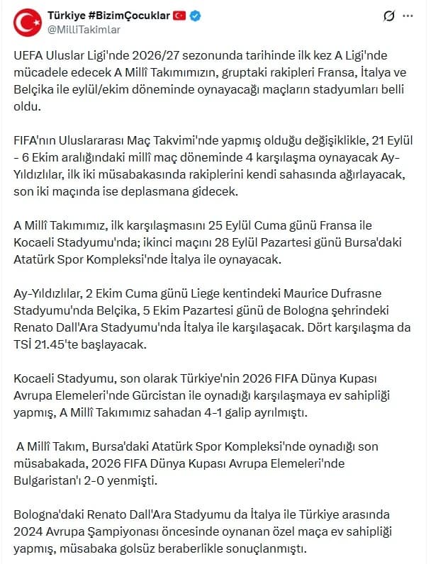 A Milli Takım maç programı paylaşımı