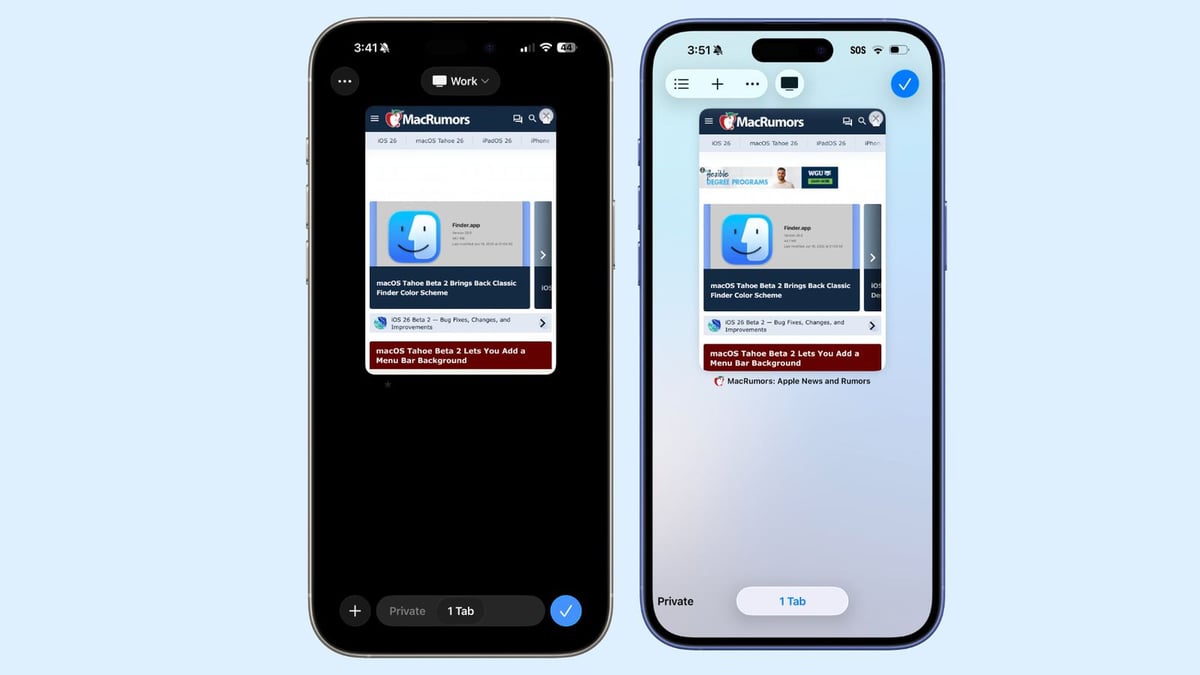 Solda ‌iOS 26‌ beta 1, sağda ‌iOS 26‌ beta 2