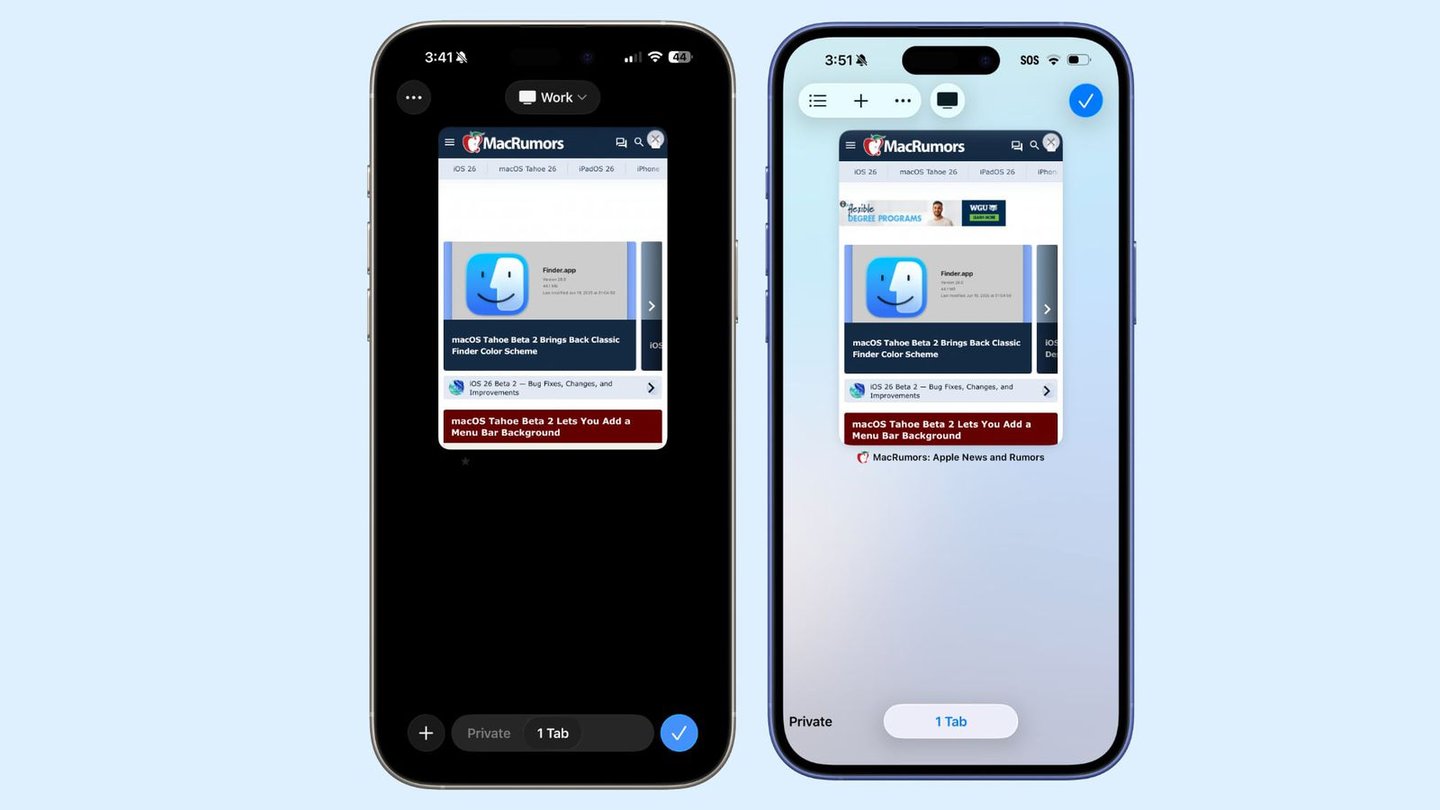 Solda ‌iOS 26‌ beta 1, sağda ‌iOS 26‌ beta 2
