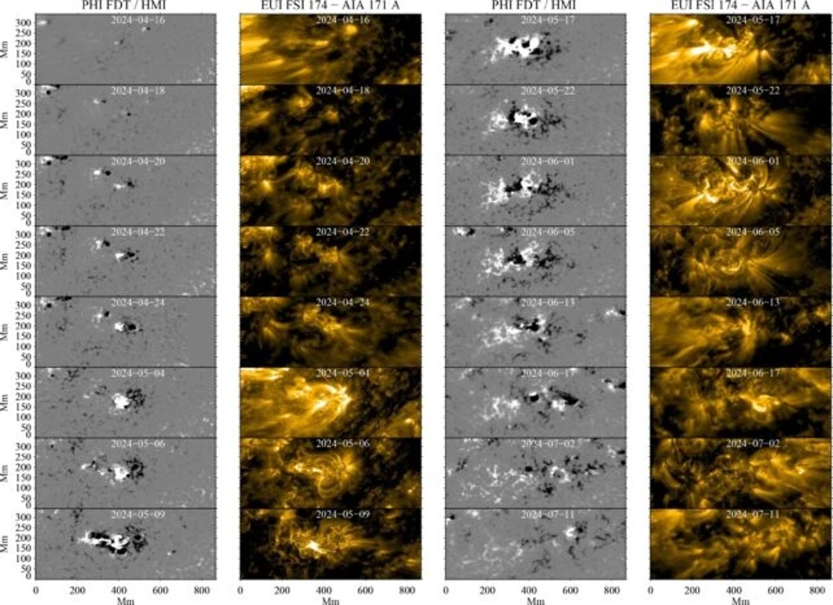 NOAA 13664'ün doğuşu (1. ve 2. sütunların sol üst köşesi), Solar Orbiter tarafından görüntülenmiştir. (Kontogiannis vd., A&A, 2025)