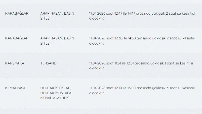 İZSU su kesintileri listesi | 11 Nisan bugün İzmir'de su kesintisi var mı, nerelerde, ne zaman düzelecek?