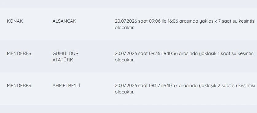 İZSU kesintiler listesi | 20 Temmuz bugün İzmir'de su kesintisi var mı, hangi ilçelerde, ne zaman?