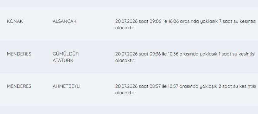 İZSU kesintiler listesi | 20 Temmuz bugün İzmir'de su kesintisi var mı, hangi ilçelerde, ne zaman?