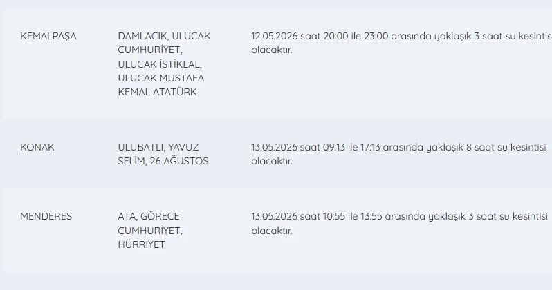 İZSU kesintiler listesi | 13 Mayıs İzmir'de su kesintisi var mı, hangi ilçelerde, ne zaman tamir olacak?