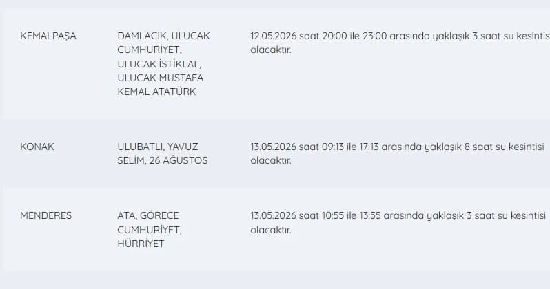 İZSU kesintiler listesi | 13 Mayıs İzmir'de su kesintisi var mı, hangi ilçelerde, ne zaman tamir olacak?