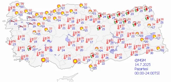 14 Temmuz Pazartesi günü ülke genelinde hava durumu.