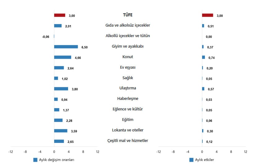 TÜFE ana harcama gruplarının aylık değişim oranları ve genel endeks değişimine etkileri(%), Nisan 2025 - TÜİK