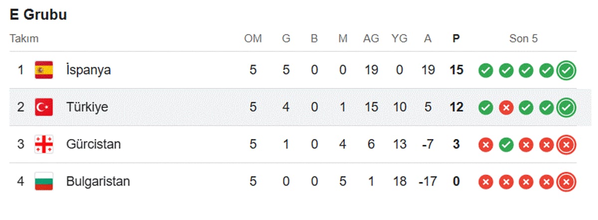Türkiye Milli Takımı E Grubu Puan Durumu Tablosu