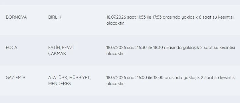 İZSU kesintiler listesi | 18 Temmuz İzmir su kesintileri hangi ilçelerde, ne zaman?