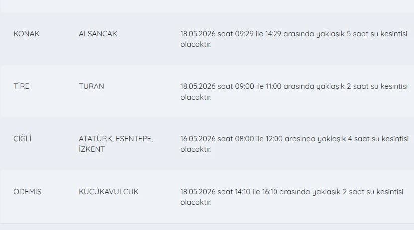 İZSU kesintiler listesi | 18 Mayıs İzmir'de su kesintisi var mı, hangi ilçelerde, ne zaman tamir edilecek?