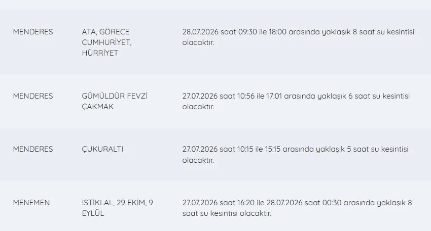İZSU kesintiler listesi | 28 Temmuz İzmir su kesintileri listesi 