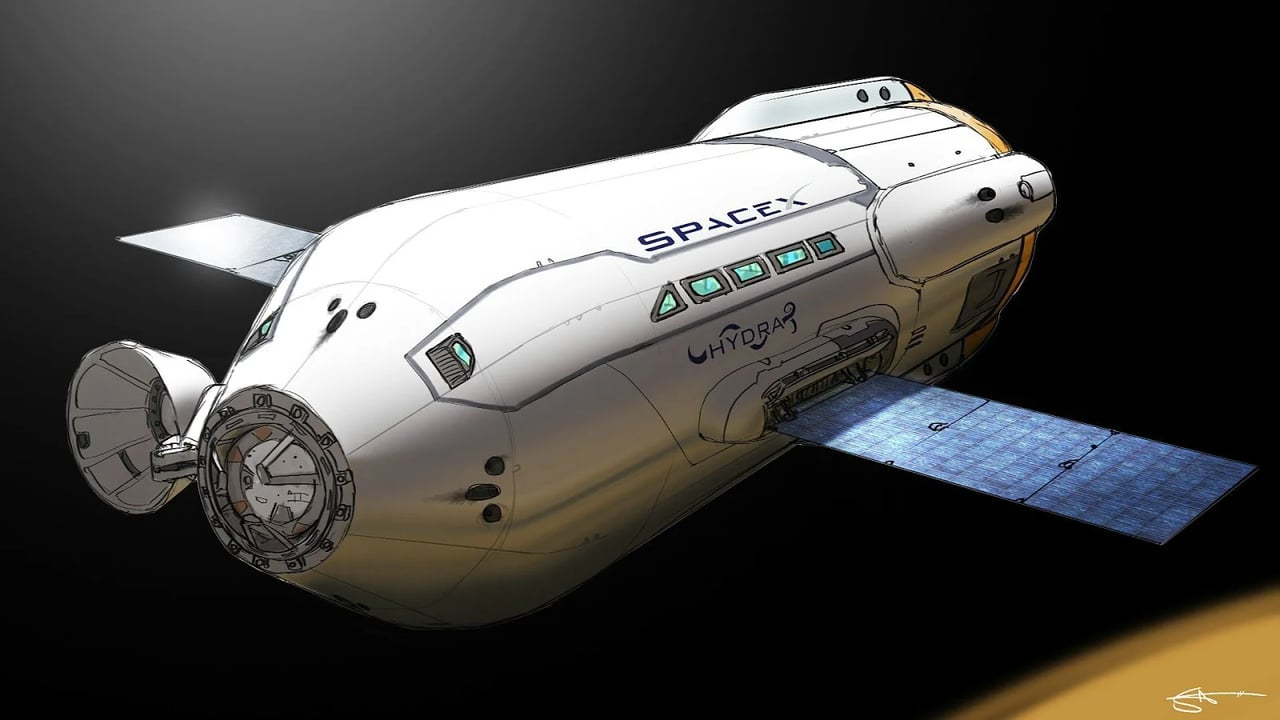 SpaceX'in Mars Koloni Taşıyıcısı (MCT) için konsept çizimi. Kaynak: Stanley Von Medvey (aka bagtaggar)