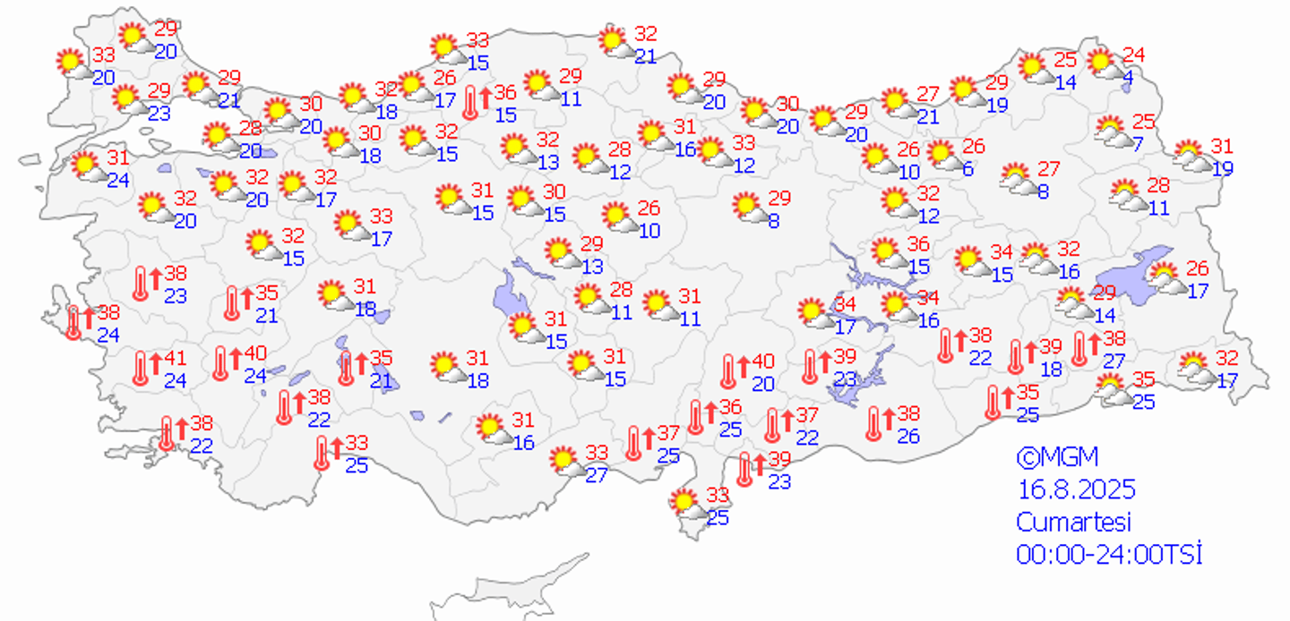 16 Ağustos Cumartesi Türkiye geneli hava durumu