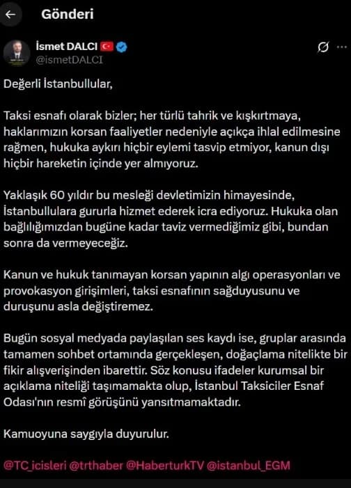 İstanbul Taksiciler Esnaf Odası açıklaması
