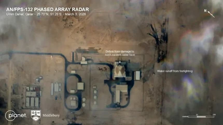 Bu uydu görüntüsü, Katar’ın Umm Dahal bölgesindeki ABD yapımı erken uyarı radar sisteminde meydana gelen hasarı gösteriyor.