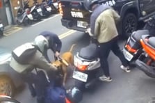 Araçtan atlayan pitbull motosikletlilere saldırdı