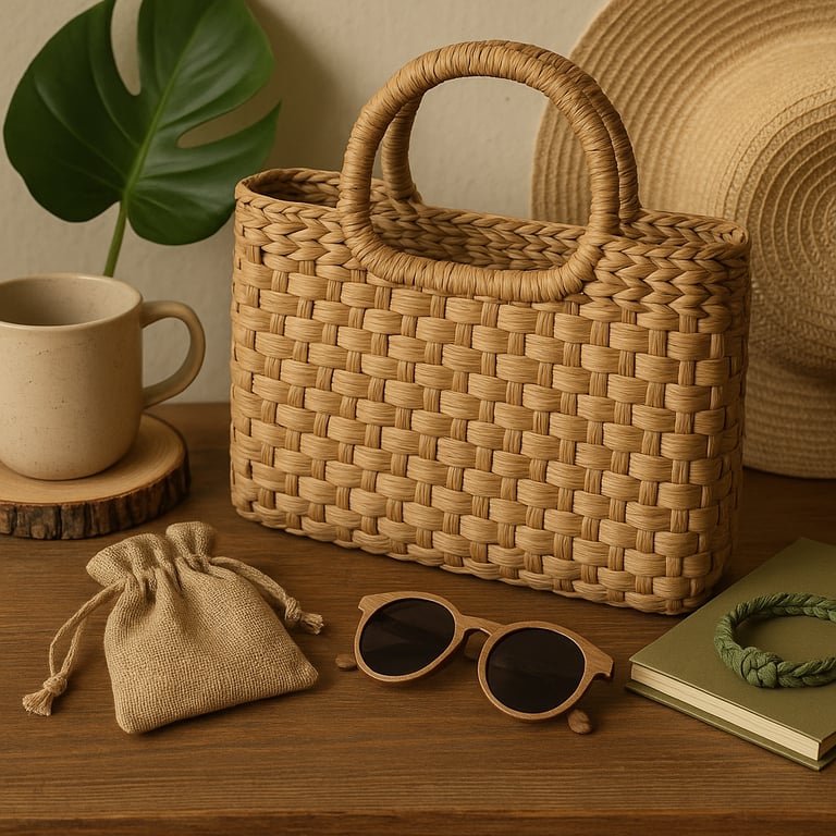 Assortment of eco-friendly fashion accessories including organic cotton tote bags, recycled plastic jewelry, bamboo scarves, and upcycled leather wallets, displayed on a natural wooden surface with green leaves.