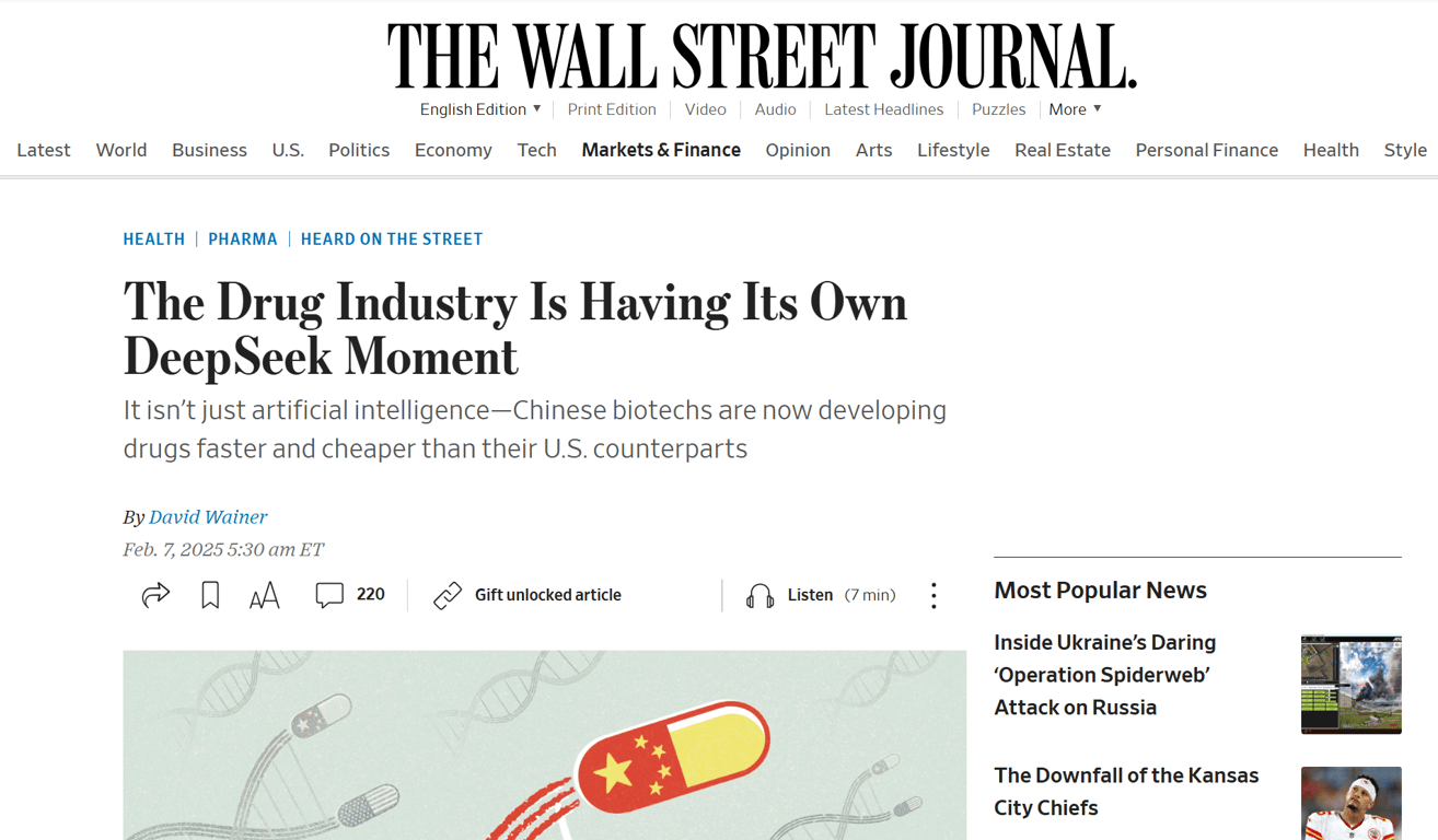 Wall Street Journal article screenshot about China's biotech DeepSeek moment