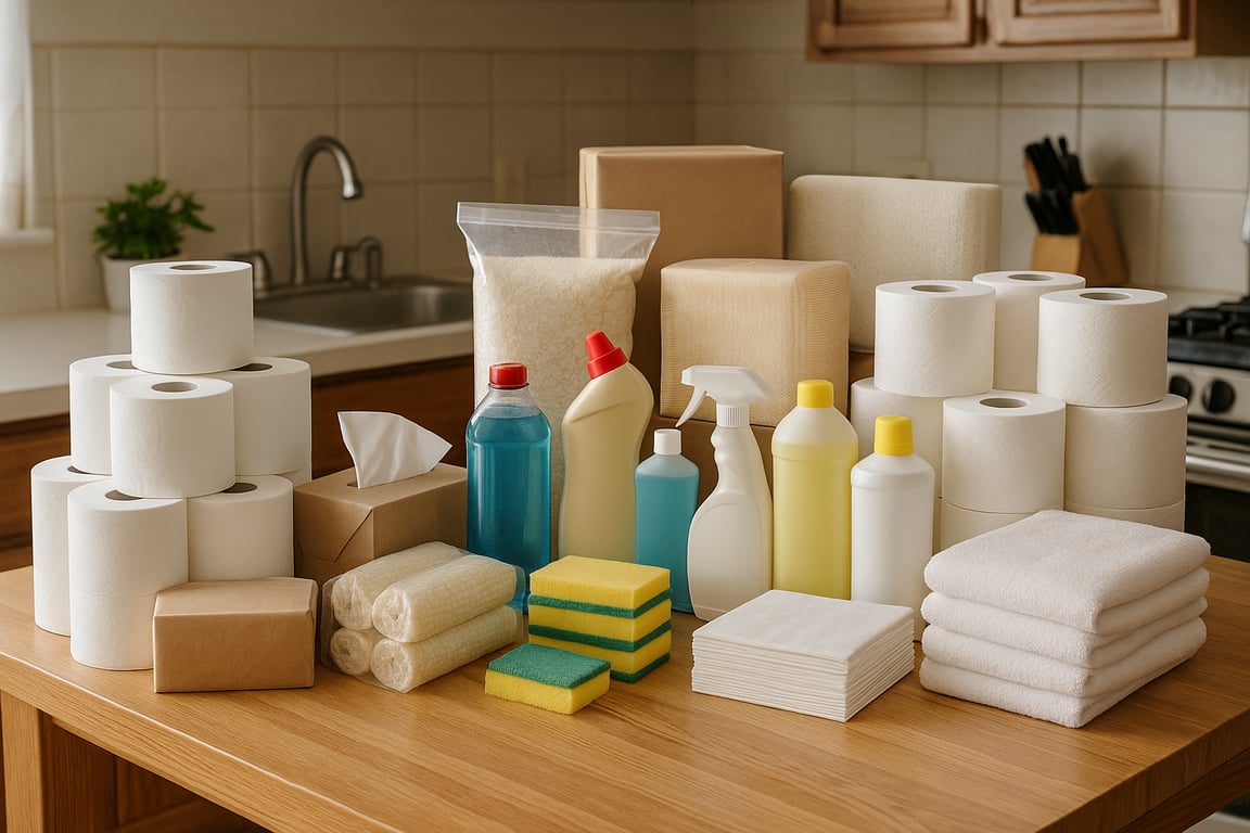 High-quality bulk household supplies such as microfiber cloths, plastic storage containers, hangers, and bathroom accessories organized for wholesale distribution.