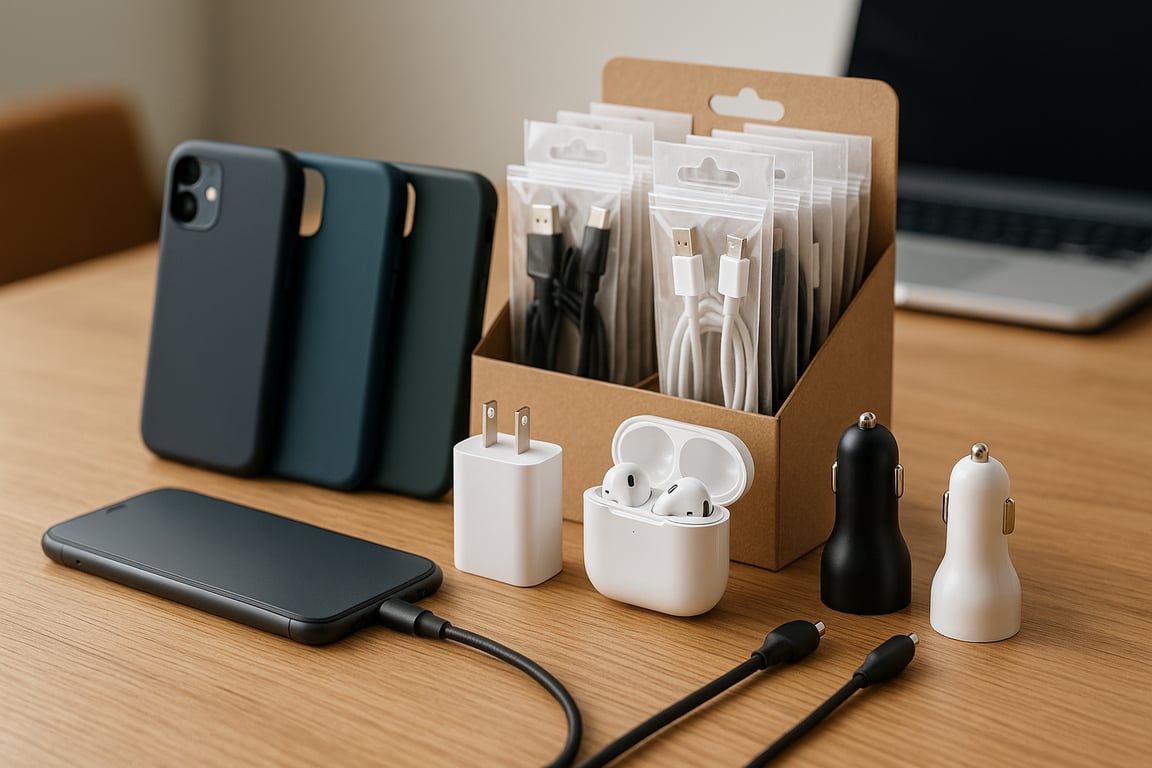 Wholesale mobile accessories supplier showcasing various phone cases, chargers, power banks, headphones, and screen protectors neatly arranged on a display table in a modern retail setting.