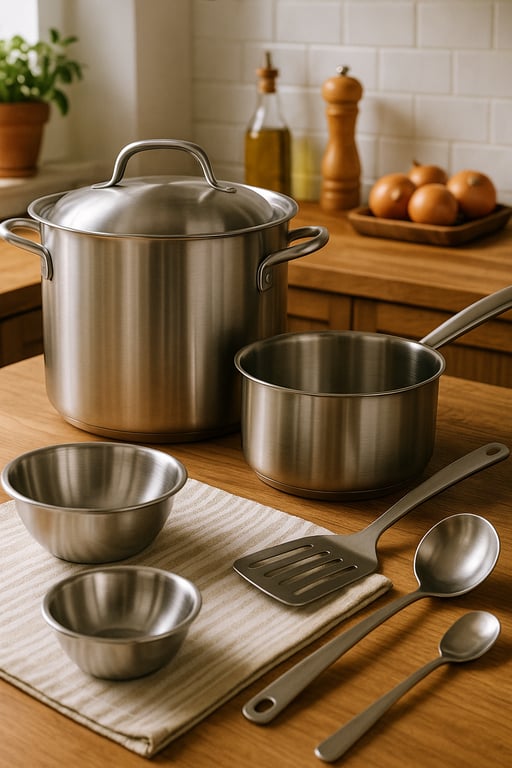 Professional stainless steel kitchenware supplier showcasing premium pots, pans, and utensils in a commercial kitchen setting.