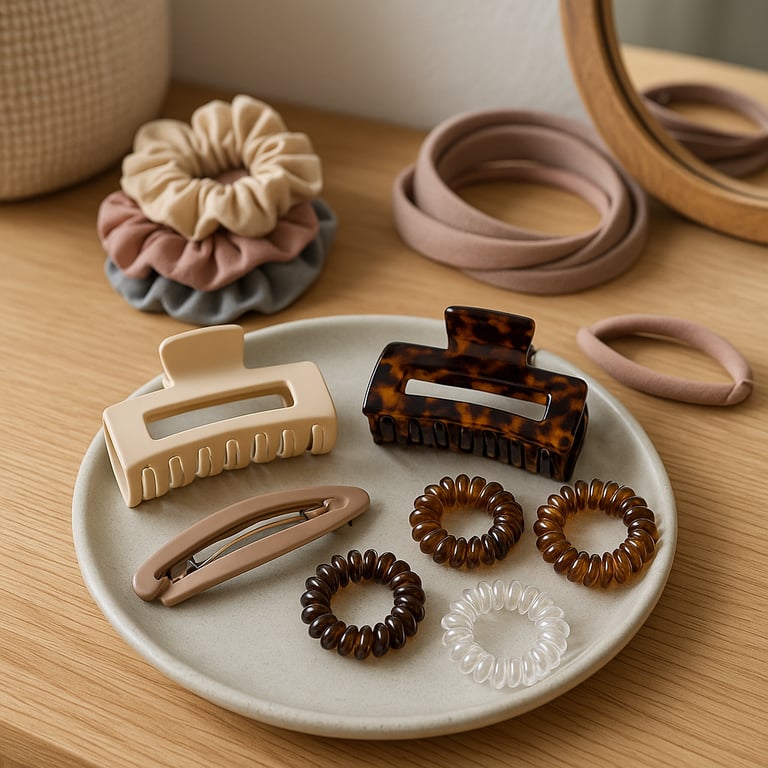 A collection of wholesale hair accessories including claw clips, elastic hair ties, embellished headbands, and bridal hair pins showcased for bulk distribution.