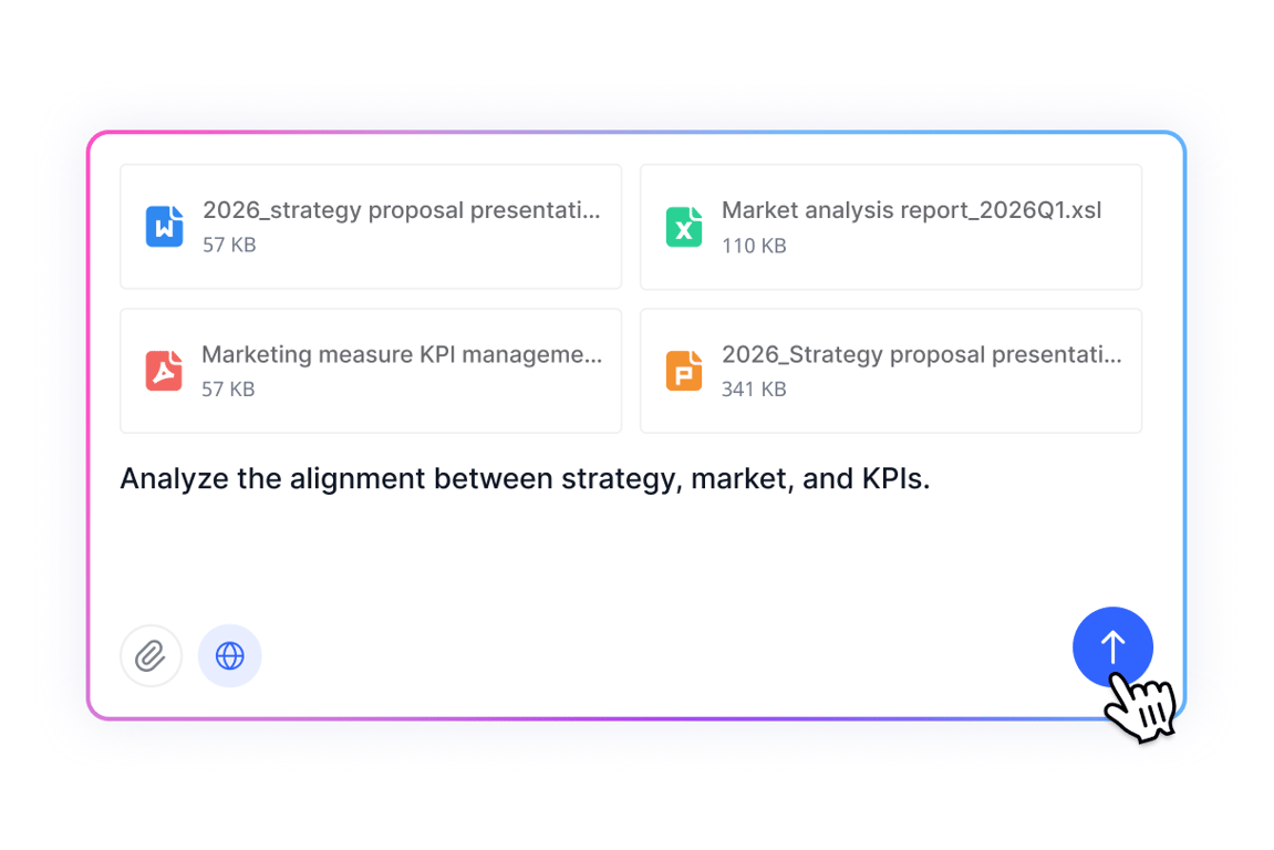 Notta Brain analizando archivos de Word, Excel, PDF y PowerPoint para alinear la estrategia, los datos de mercado y los KPI