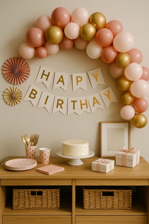 Assortment of private label party supplies, including custom-printed balloons, themed plates, cups, napkins, and decorative banners, ready for bulk shipment and tailored to specific brand requirements.