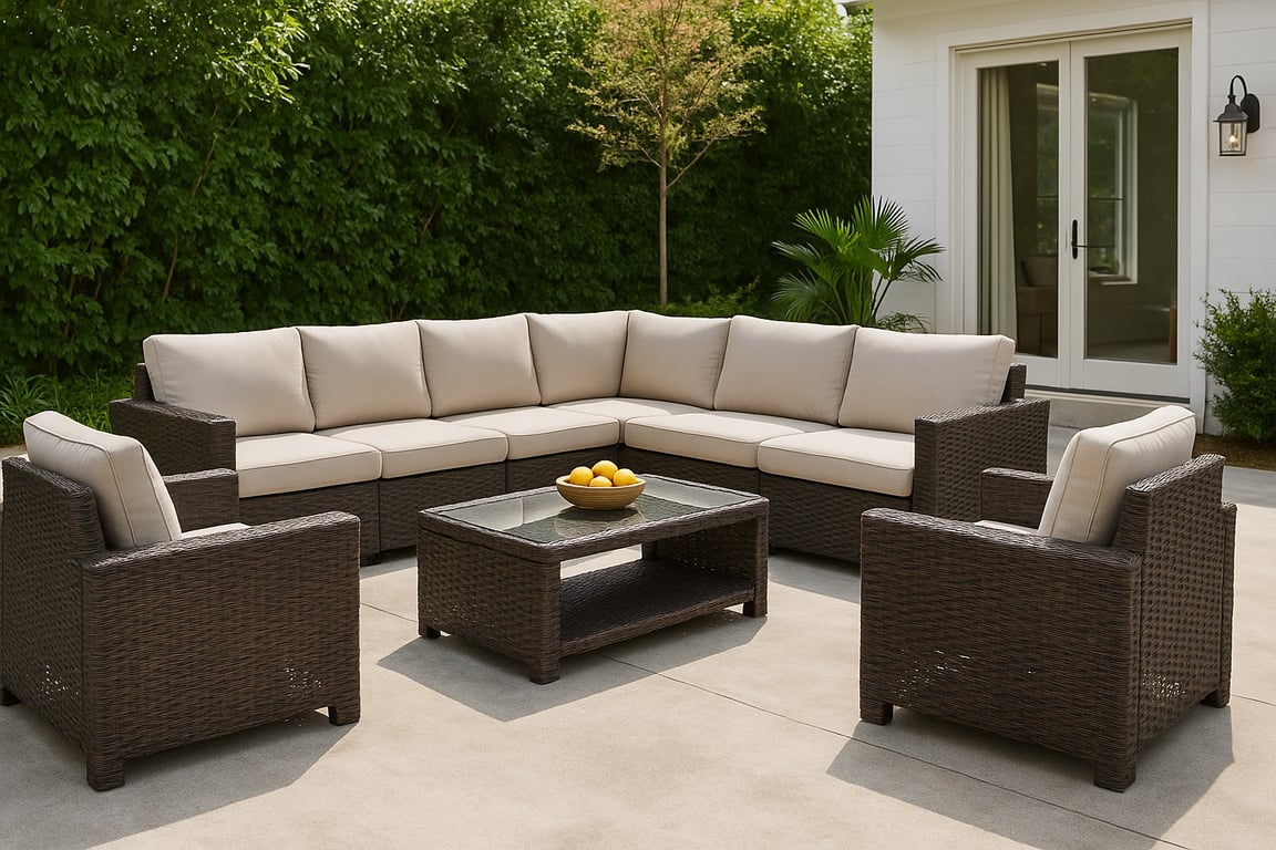 Wholesale patio furniture collection featuring luxury wicker sofas, outdoor dining sets, teak wood chairs, and garden umbrellas arranged in a modern poolside setting.