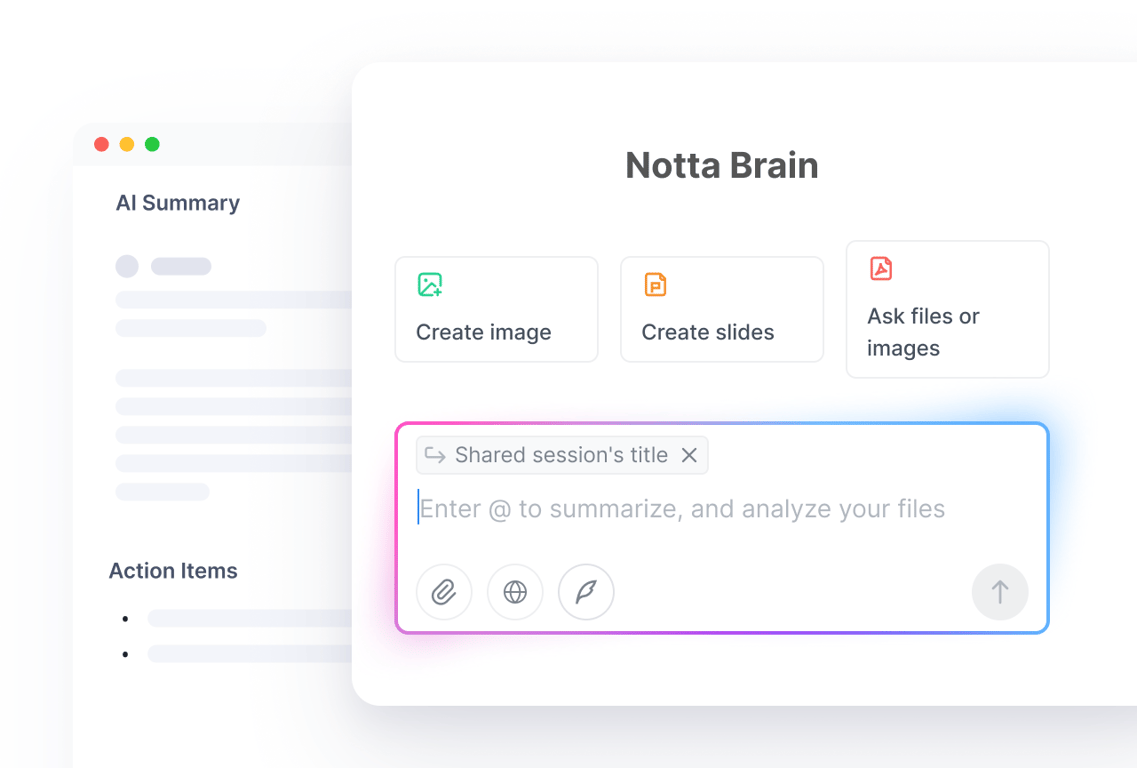 Notta Brain AI Meeting Execution Engine for creating images, slides and summaries or analyzing files