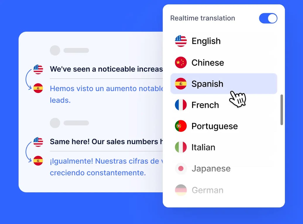 Notta real-time translation interface showing English-to-Spanish bilingual transcription