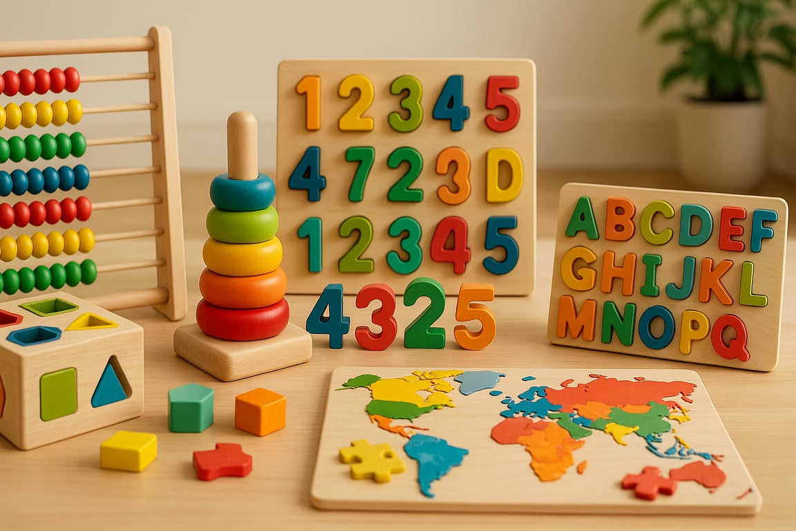 Wholesale educational toy supplier showcasing a diverse range of learning toys including wooden blocks, puzzles, STEM kits, and Montessori materials, arranged neatly on a bright, child-friendly table.